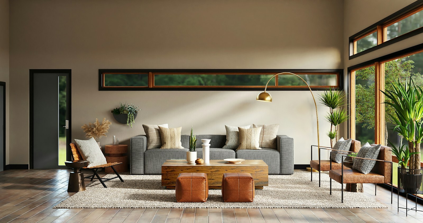 Timber and brass lounge interior with deep armchairs and soft light